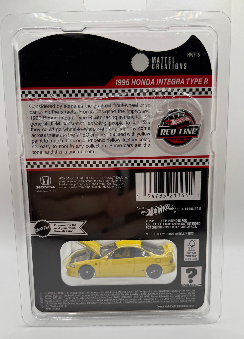 Hot Wheels 2024 Exclusive Red Line Club RLC 1995 Honda Integra Type R - Yellow